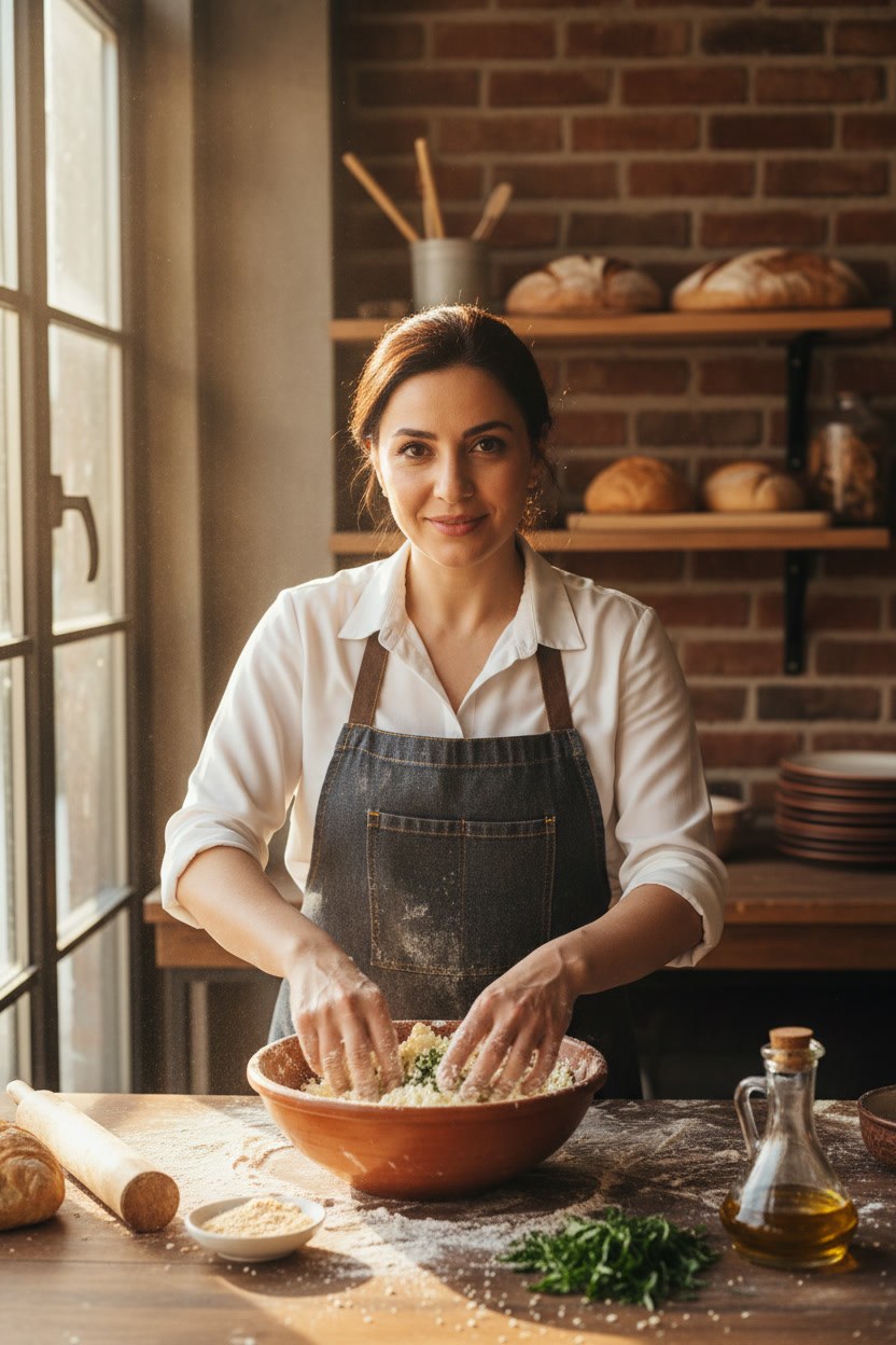 Ayşe Demirkan, poğaça iç harcı hazırlarken