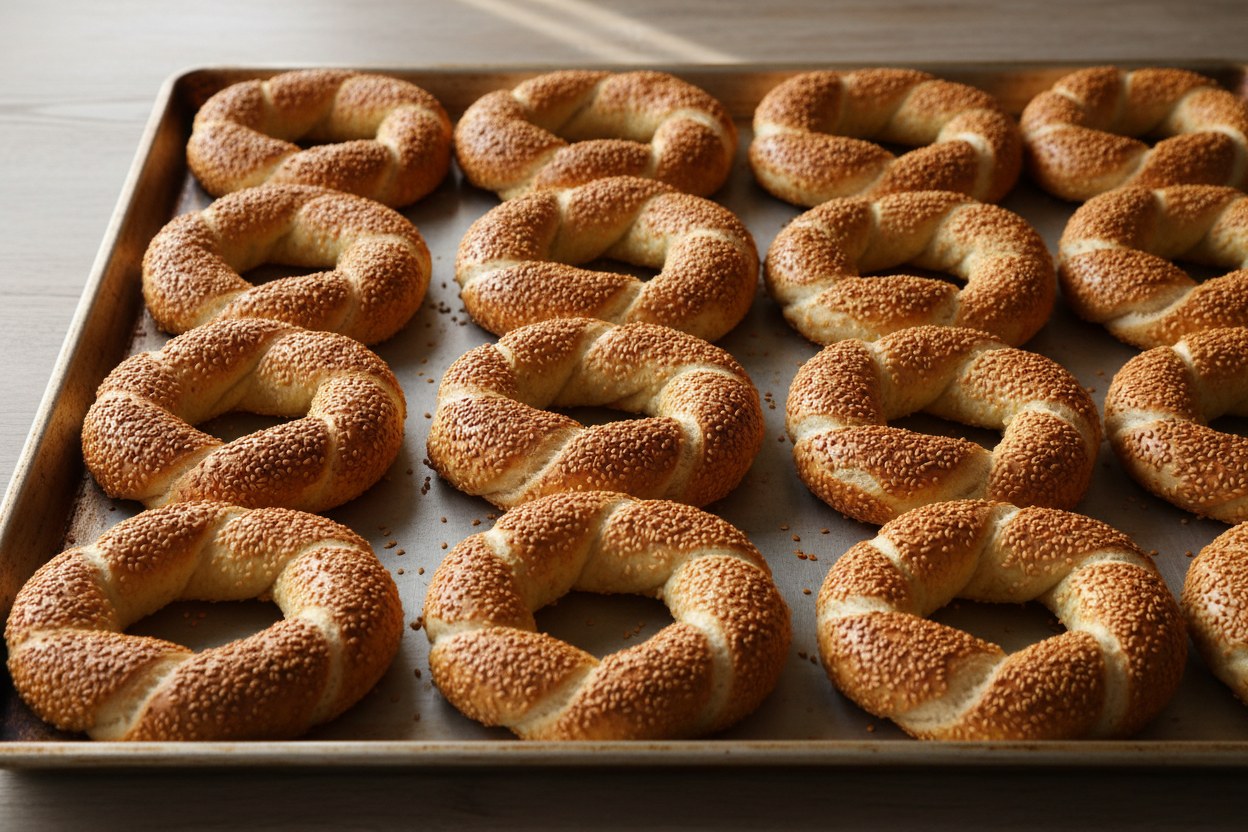 Susama bulanmış klasik simit örgüsü, tepside sıralı